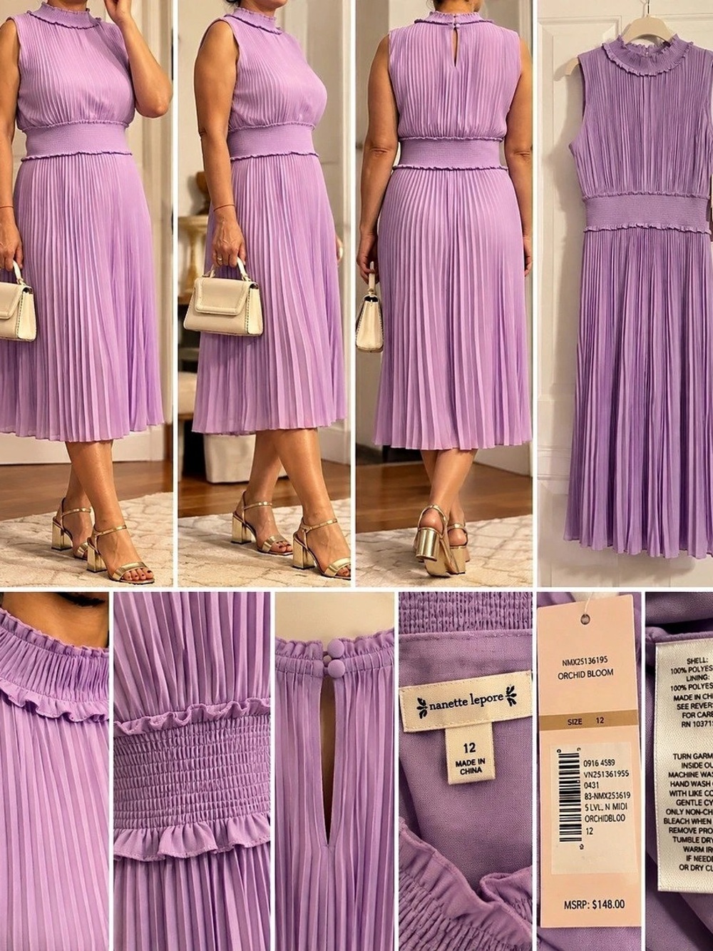 Nanette Lepore Orchid Bloom Pleated Midi Dress Purple Size 12 NWT